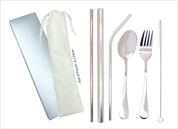 Stainless Steel Straw Fork and Spoon Set with Pouch